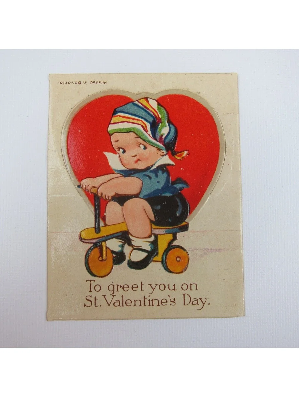 Vintage Valentine Card Cutout Stand Up Boy Cap Riding Tricycle Bavaria UNSIGNED